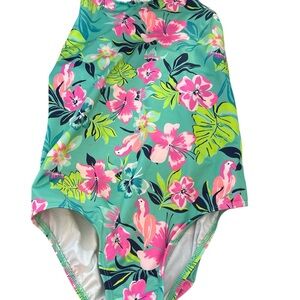 Lands' End Green and Pink One Piece Swimwear Tropical Floral